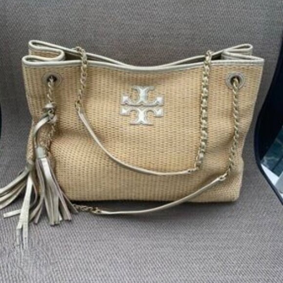 Tory Burch Woven Shoulder Bag Purse Tote Gold Accents Tassels Natural - Picture 13 of 14
